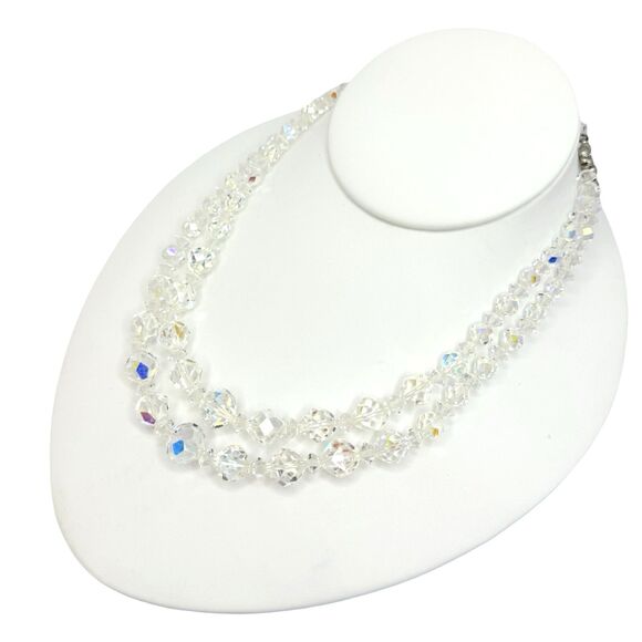 VTG Crystal Double Strand Necklace 17.5" Aurora Borealis Formal Wedding Jewelry - Picture 3 of 11
